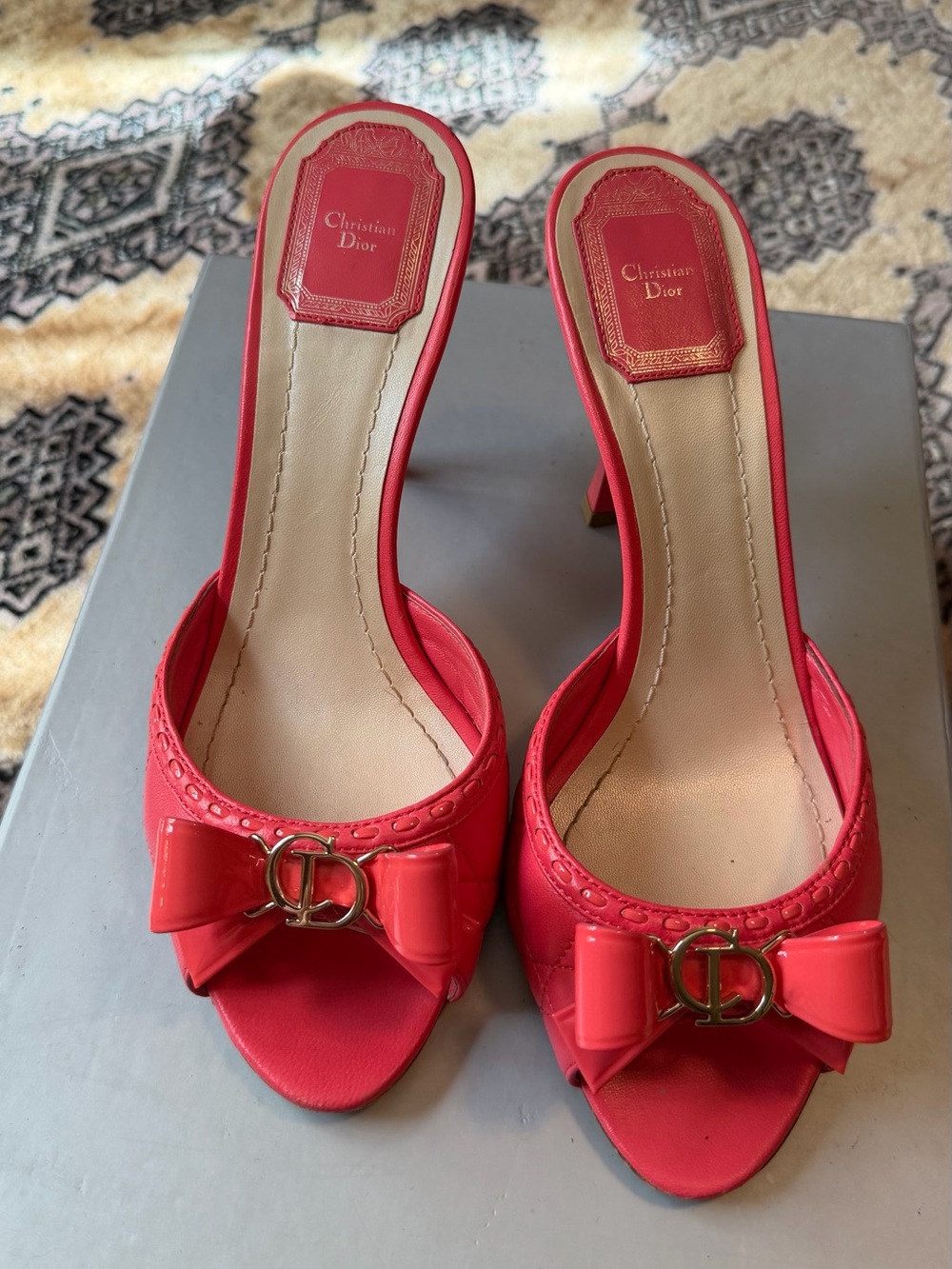 Dior Coral Red Bow Open-Toe Mule Heels
